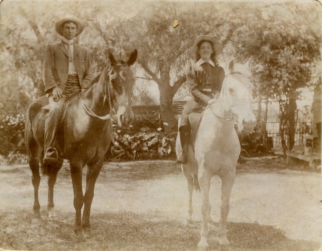 Lucius Charles Manning and Gladys Tickell on horseback at Davilak